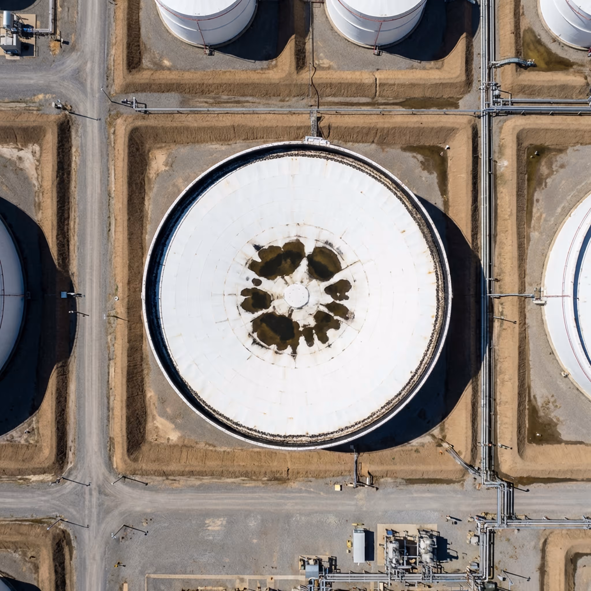 Vue aérienne plongeante de réservoirs de stockage de pétrole brut présentant une dégradation du toit