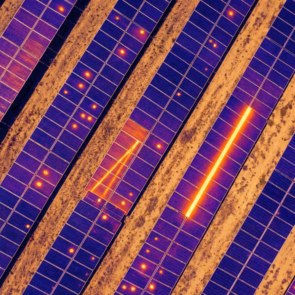 AI overlay highlighting micro-cracks and hot cells on a solar panel array