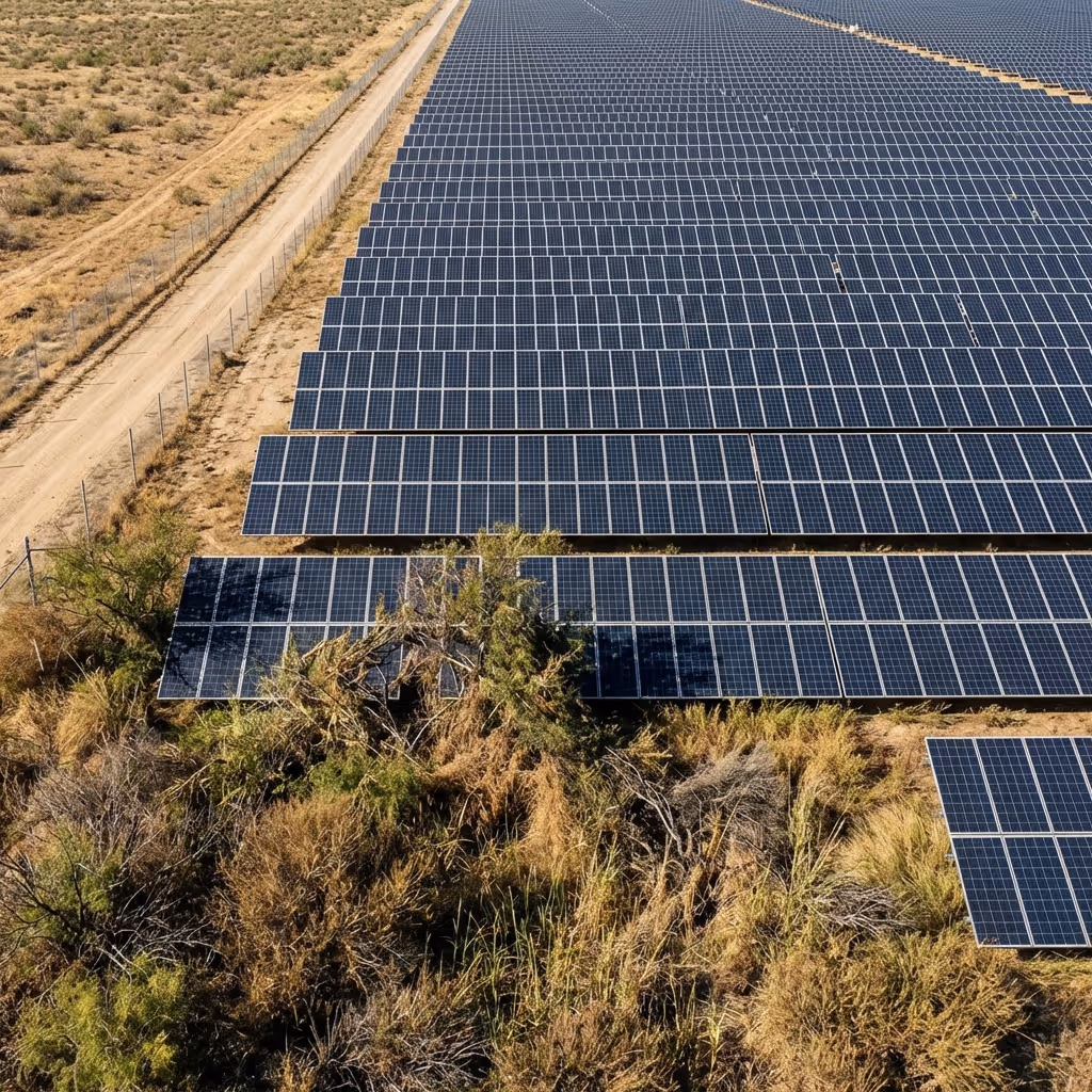 Aerial view of a solar farm with AI overlay flagging vegetation encroachment near panel rows