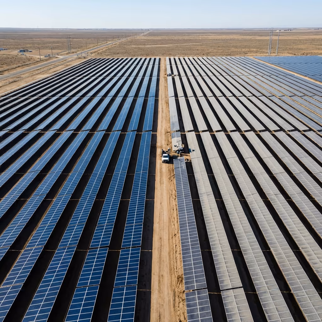 Aerial view of a large solar farm with rows of solar panels on sandy terrain under a clear sky