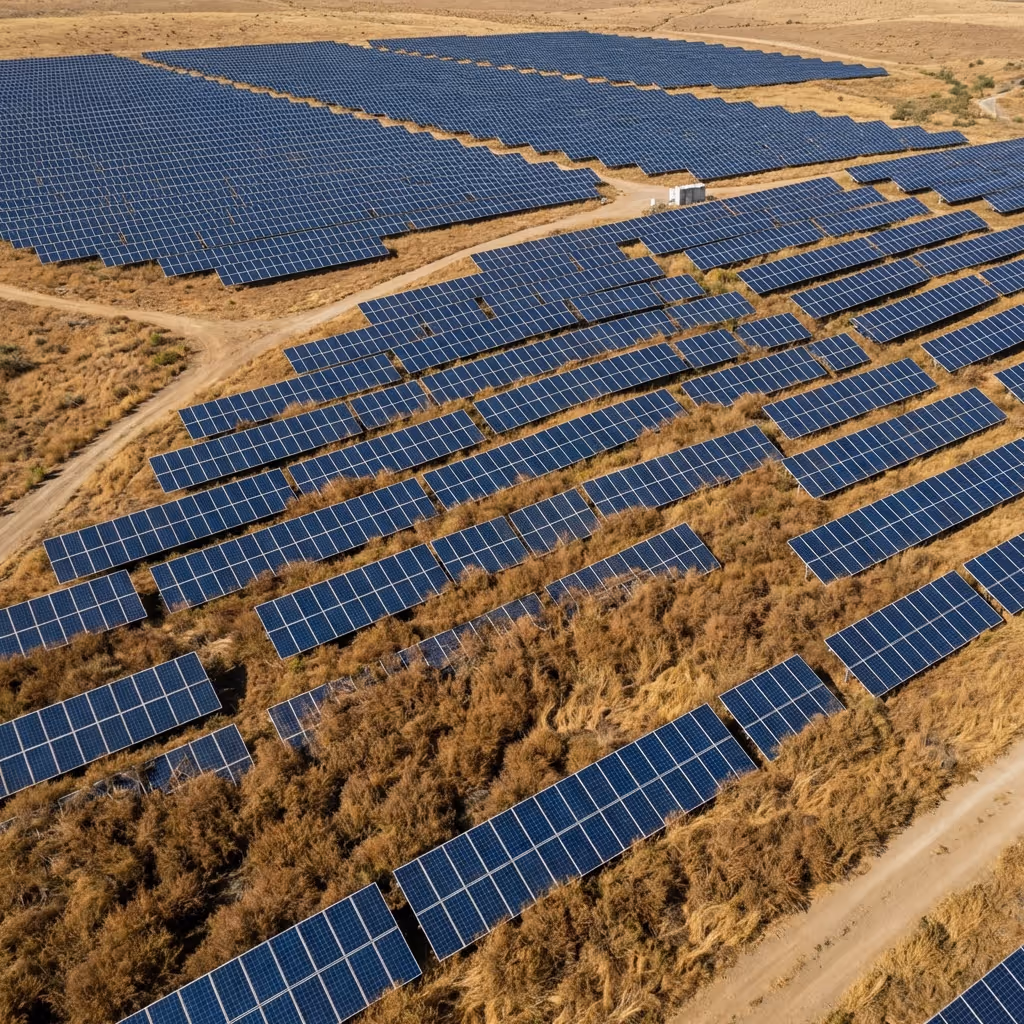 Aerial view of an extensive solar farm with rows of panels installed on dry brown grassland