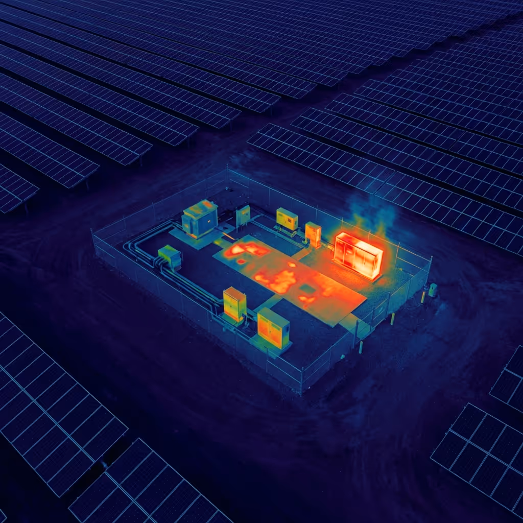 Thermal drone image showing a solar power substation with one unit overheating among rows of solar panels