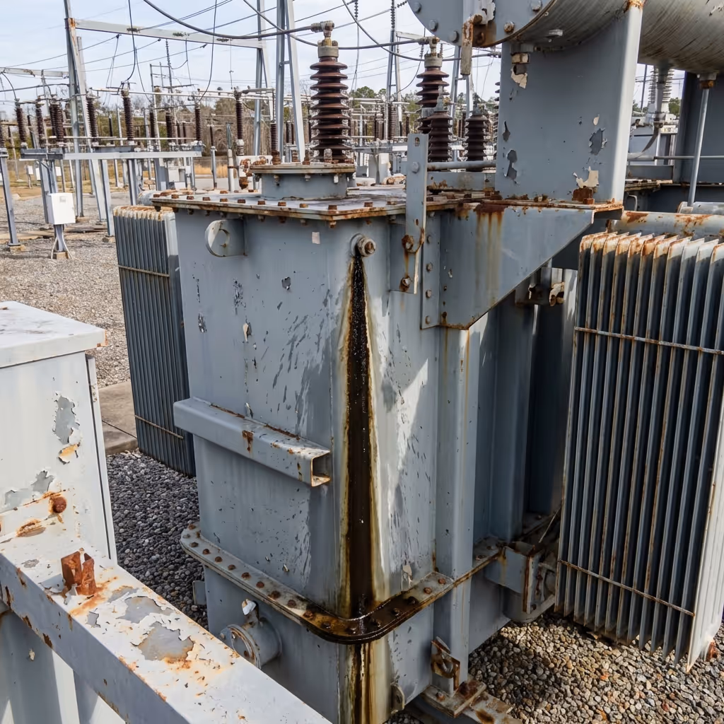 Rostiger elektrischer Transformator mit sichtbarer Korrosion in einem Umspannwerk