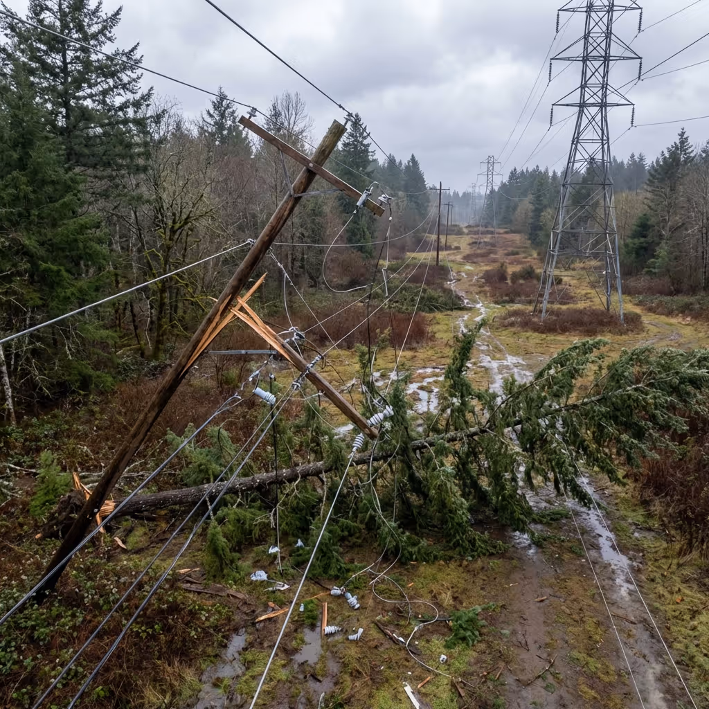 Ein umgestürzter Baum riss einen hölzernen Strommast mit tief hängenden Stromleitungen ab.