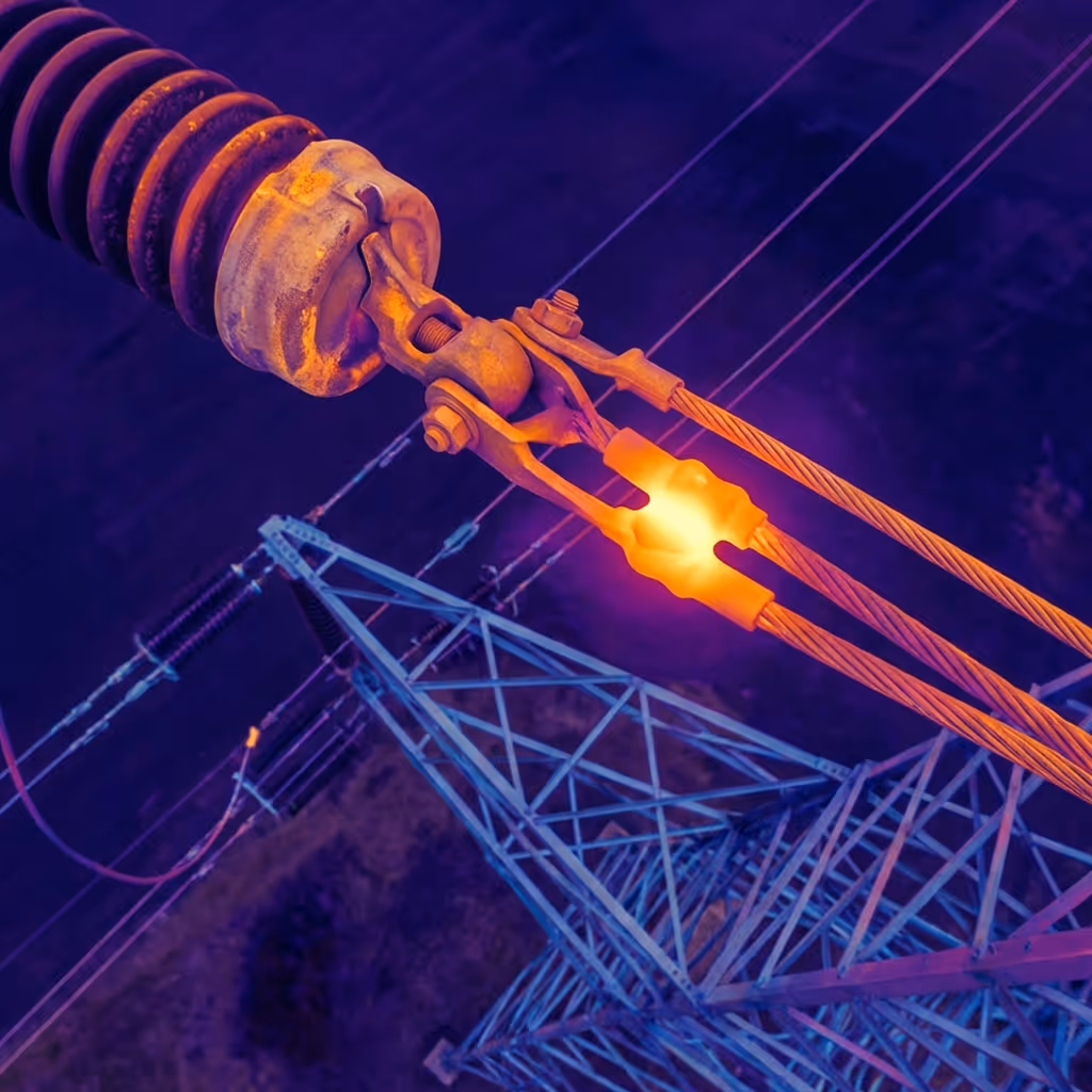 Nahaufnahme eines glühenden elektrischen Steckverbinders an Hochspannungsleitungen bei Nacht