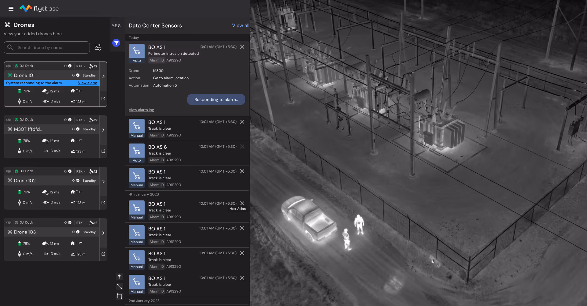 Un dron responde a una alarma activada en el perímetro vallado de una subestación eléctrica.