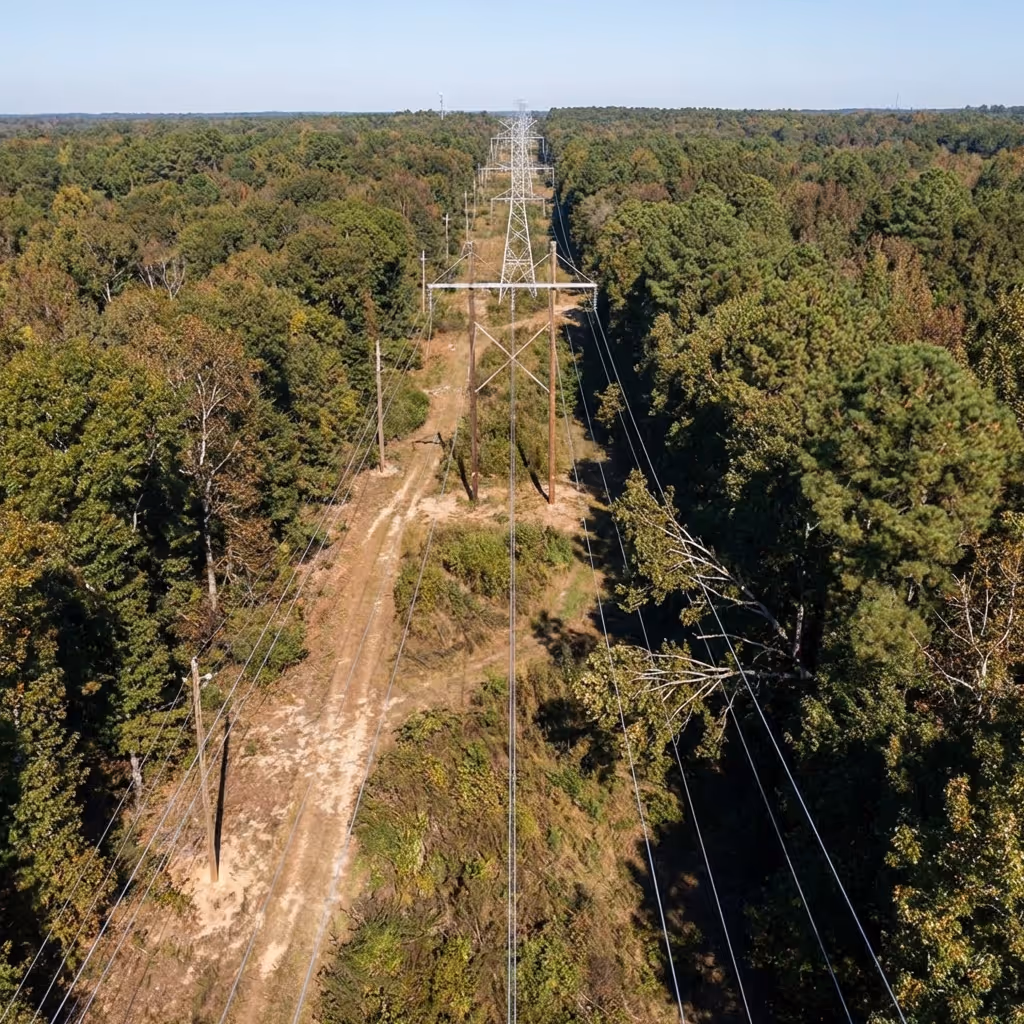 Luftaufnahme von Stromleitungen, die durch einen gerodeten Korridor in einem dichten Wald verlaufen