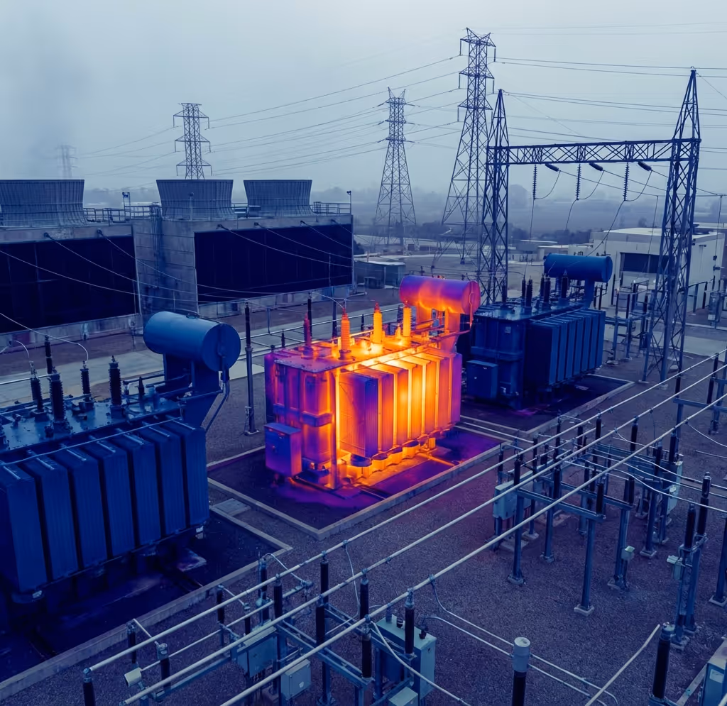 Wärmebild von elektrischen Transformatoren in einem Umspannwerk, das die Wärmeverteilung zeigt