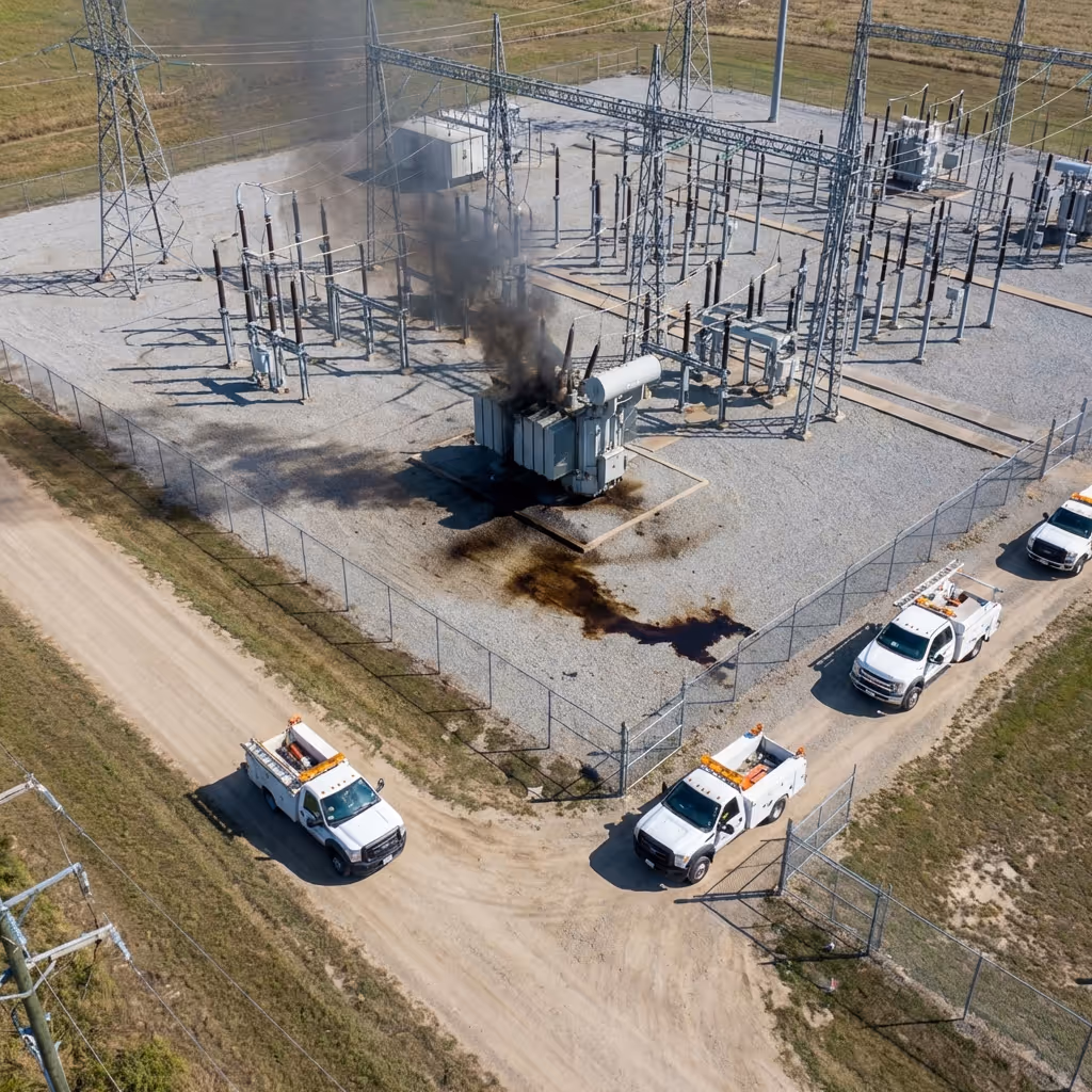 Umspannwerk mit einem rauchenden Transformator und Versorgungsfahrzeugen vor Ort