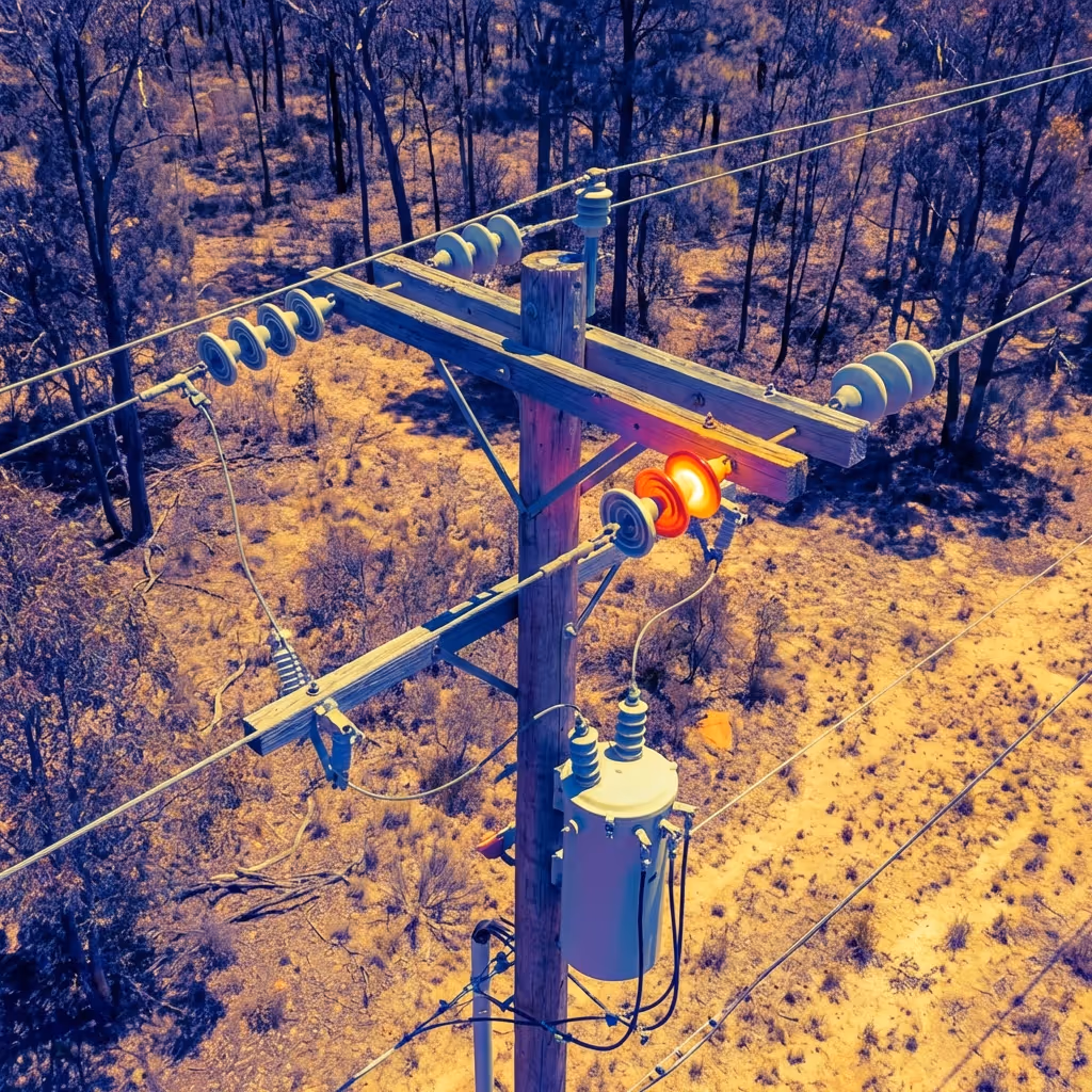 Strommast mit Transformator und Isolatoren inmitten trockener Vegetation