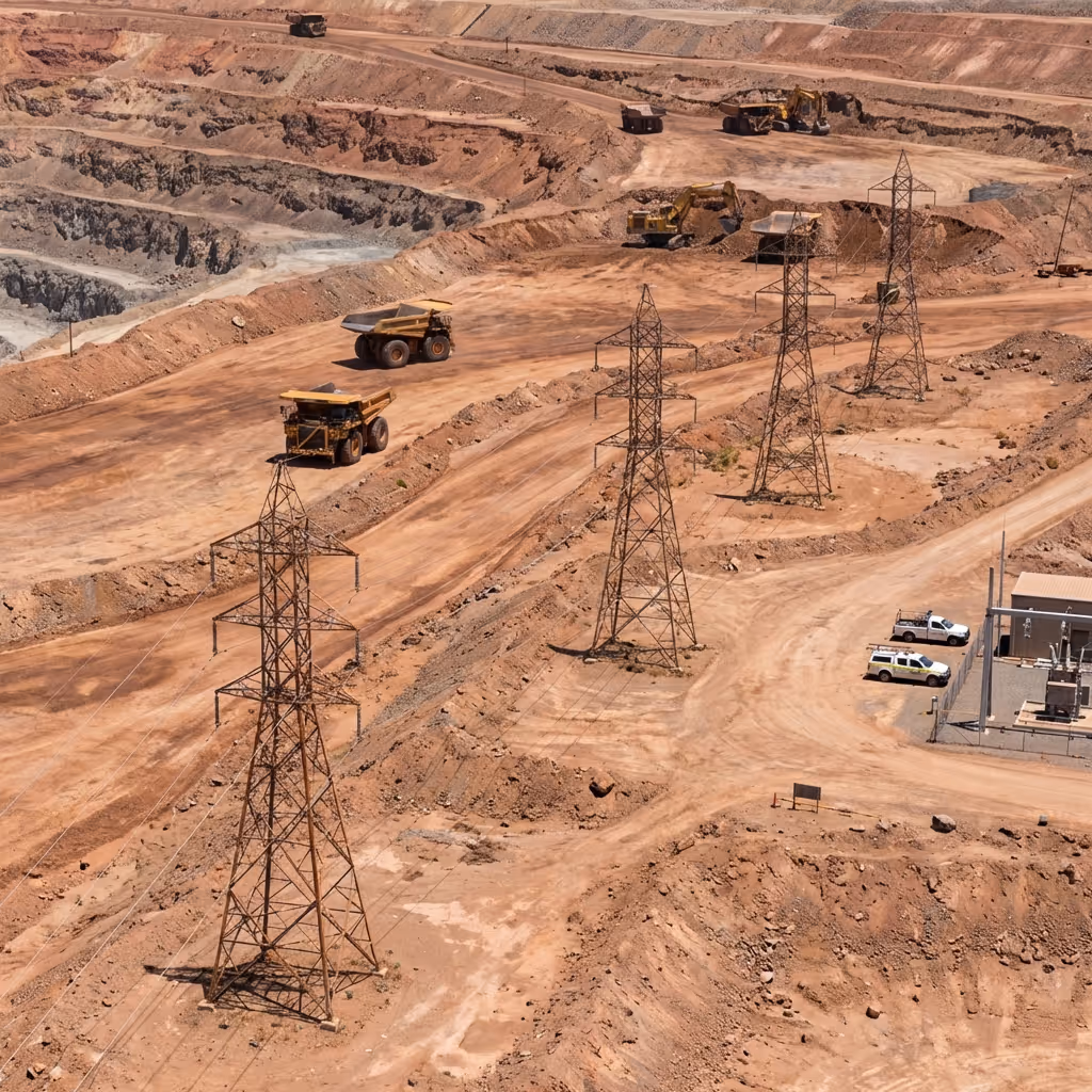 منجم مكشوف مزود بآلات ثقيلة، بما في ذلك شاحنات قلابة وحفارات، وأبراج نقل الطاقة على طرق ترابية