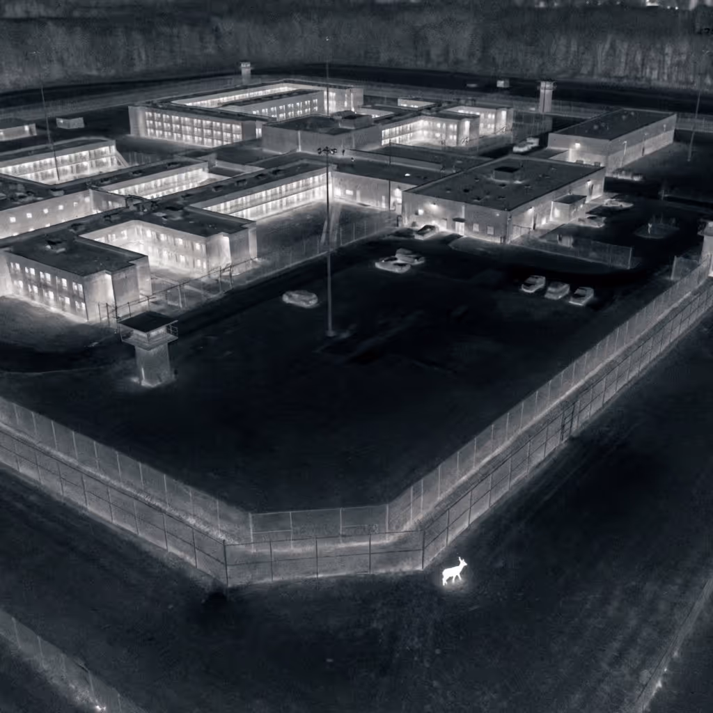 Nachts aufgenommene Wärmebildaufnahme aus der Luft eines hell erleuchteten Gefängniskomplexes mit umliegenden Zäunen und einem einzelnen, hell leuchtenden Reh außerhalb des Geländes.