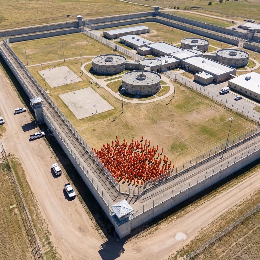 Luftaufnahme eines Gefängnishofs mit Häftlingen in orangefarbenen Uniformen, die sich in der Nähe des Zauns versammelt haben, umgeben von Wachtürmen und hohen Sicherheitsmauern.
