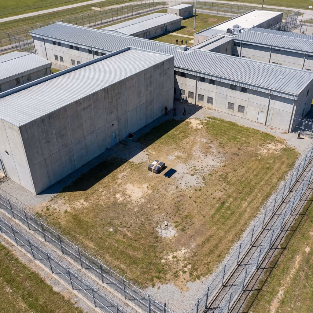 Luftaufnahme eines von hohen Zäunen umschlossenen Gefängnishofs, der von grauen Betongebäuden mit Metalldächern umgeben ist.