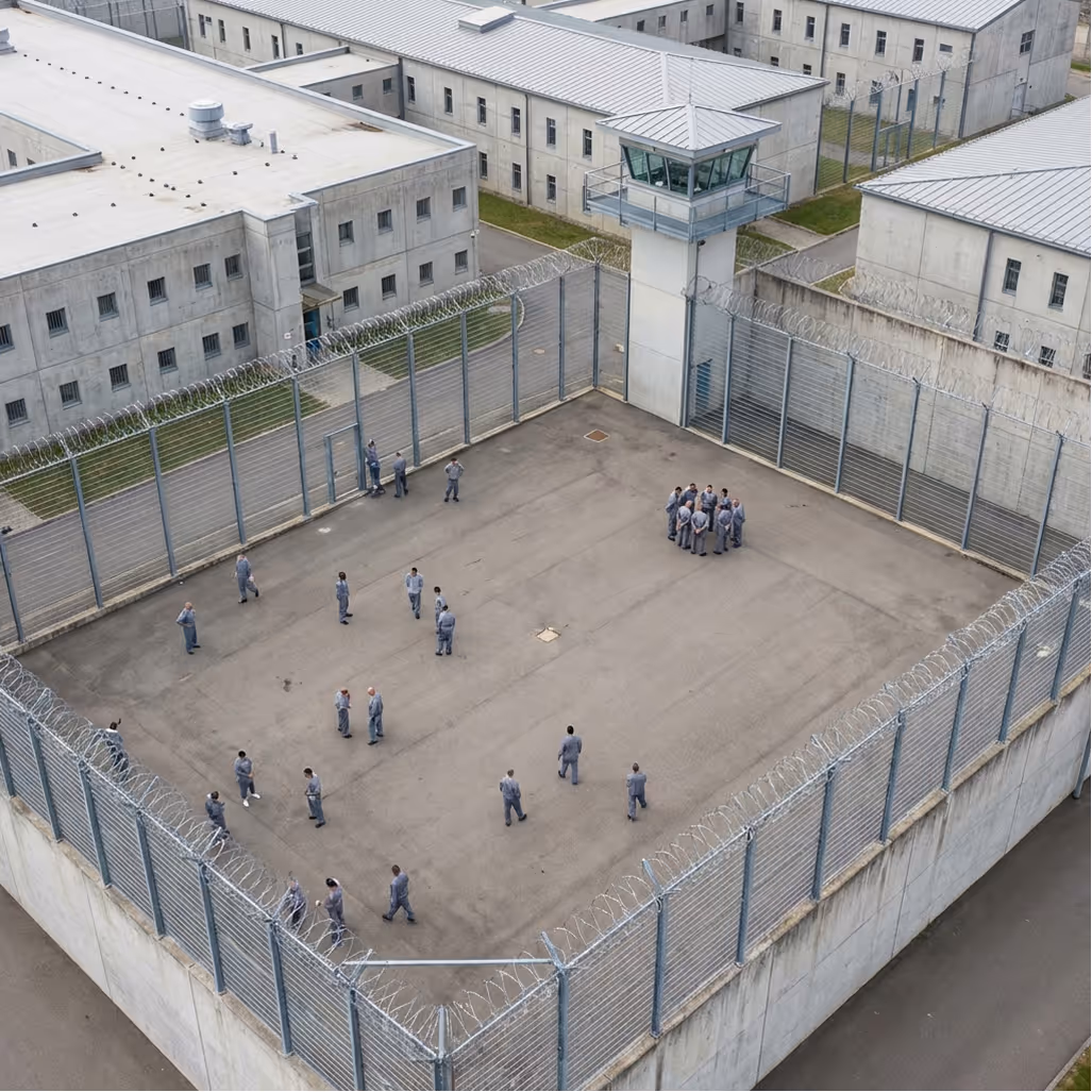 Luftaufnahme eines Gefängnishofs mit Häftlingen in grauen Uniformen und einem von hohen, mit Stacheldraht bewehrten Zäunen umgebenen Wachturm.