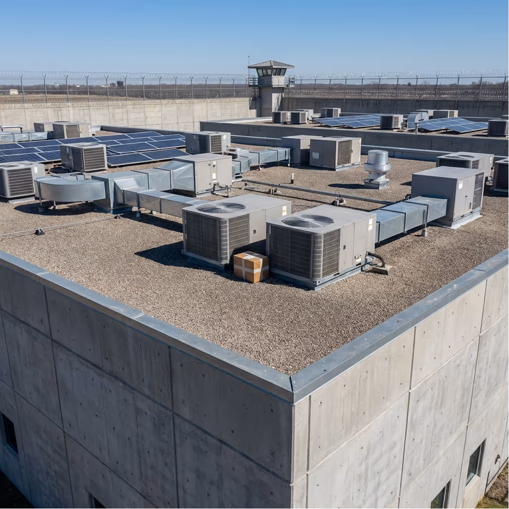 Ein mit Kies bedecktes Dach mit mehreren Klimaanlagen und Solarmodulen, umgeben von Stacheldrahtzäunen und einem Wachturm im Hintergrund