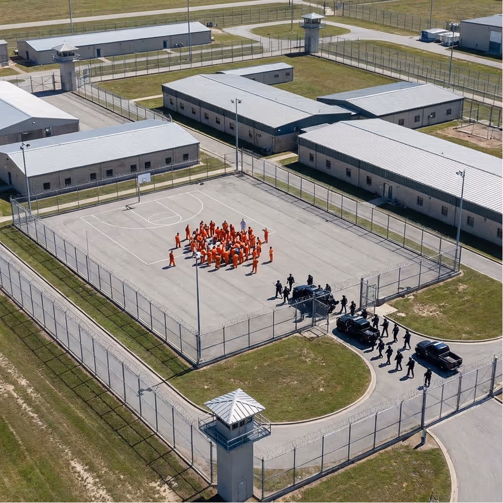 Luftaufnahme eines Gefängnishofs mit Häftlingen in orangefarbenen Uniformen, die sich in der Mitte versammelt haben, und Wärtern in der Nähe des Eingangs.