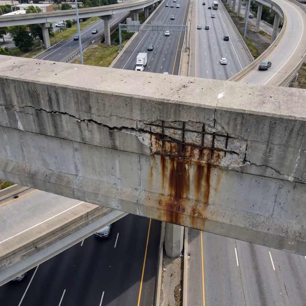 Close-up of a bridge truss showing cracking and corrosion highlighted by AI overlay