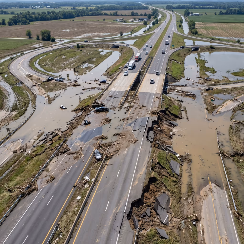 Aerial view of storm-damaged highway with AI overlay categorizing washouts and debris zones