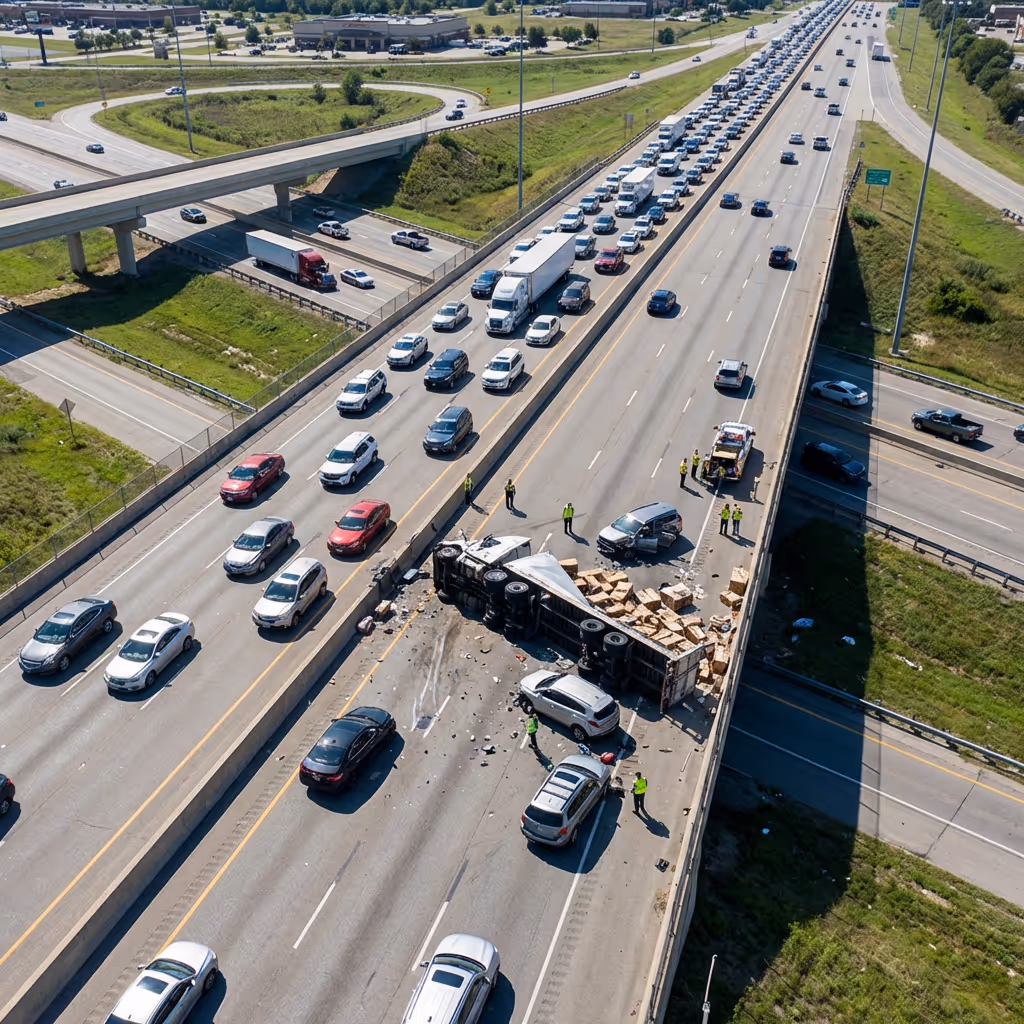 Aerial view of a highway crash with an overlay highlighting impacted vehicles and lane status