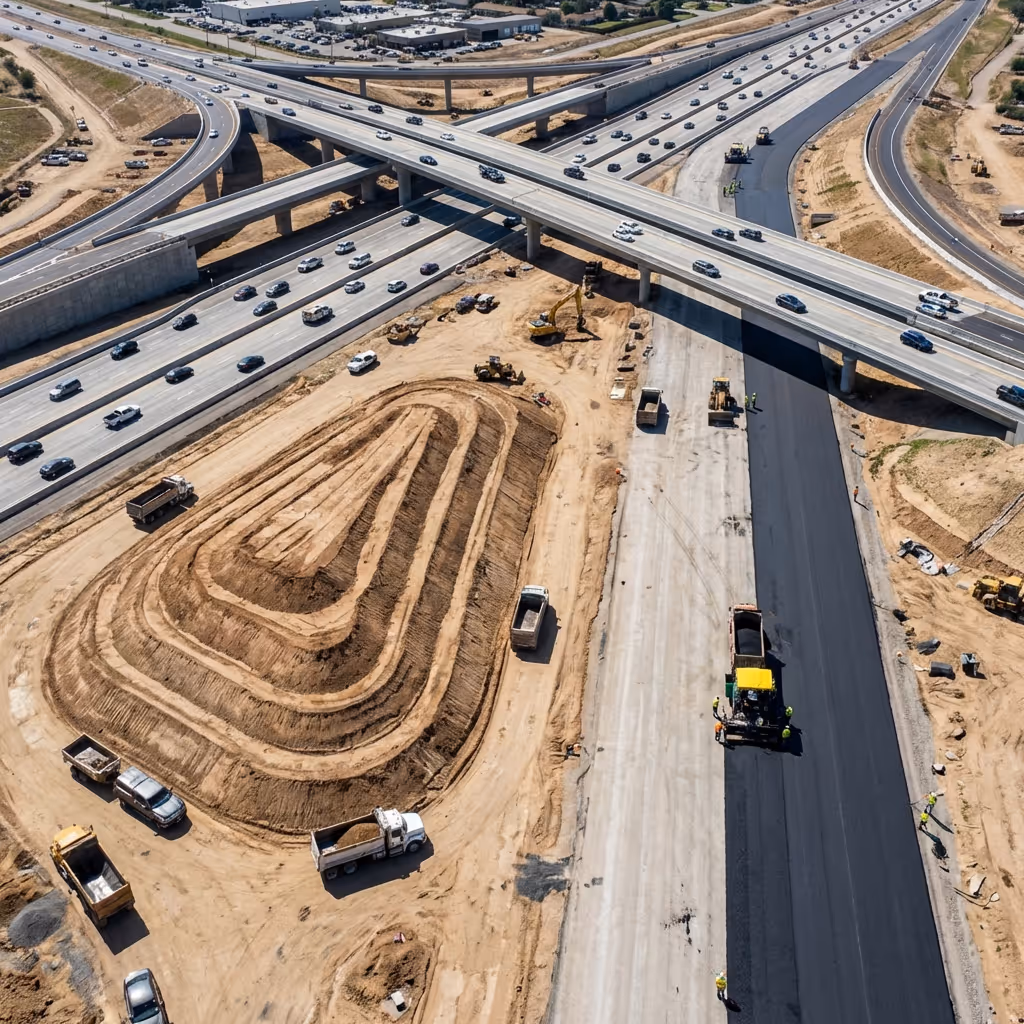 Aerial side-by-side comparison of a highway construction site showing weekly progress