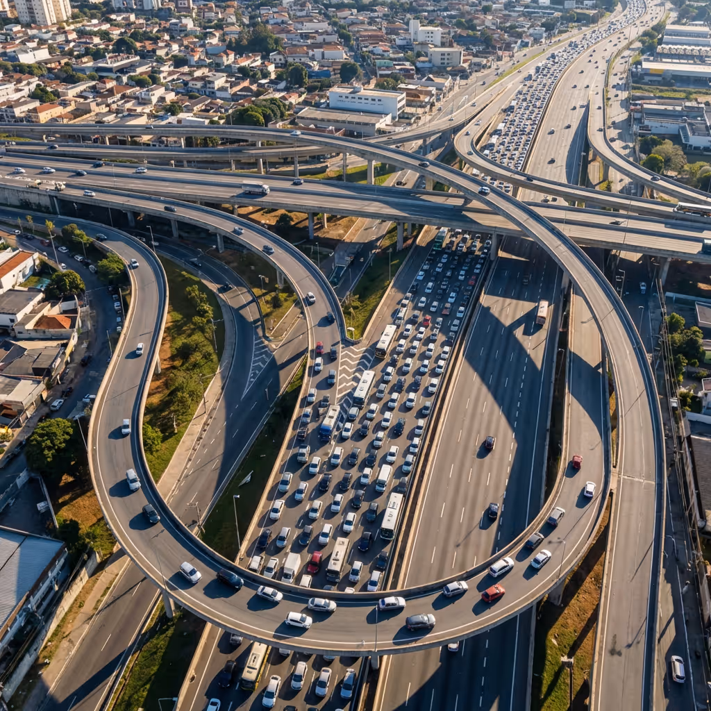 Aerial view of highway traffic with AI overlay measuring vehicle counts and flow patterns