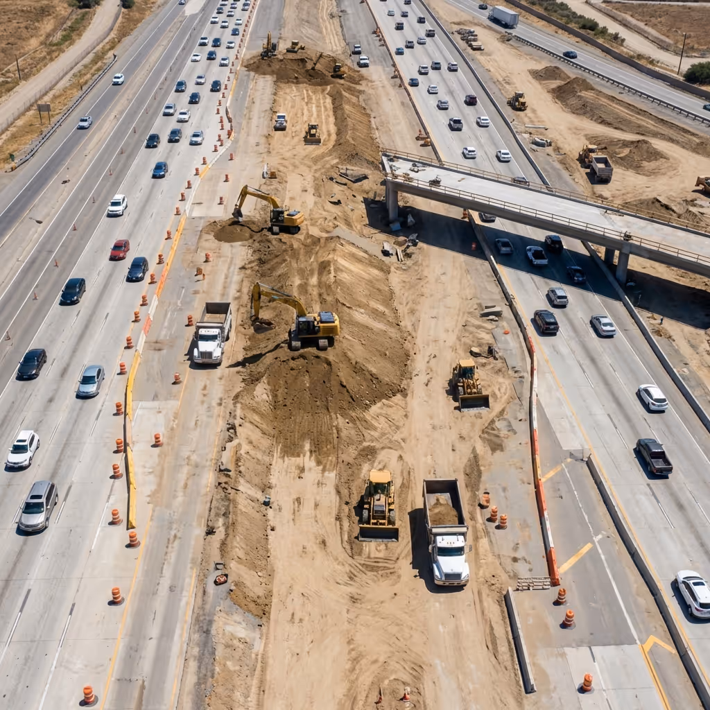Aerial view of a highway construction site with earthmoving equipment and graded surfaces