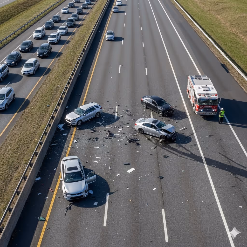 Aerial view of multi-vehicle highway incident with emergency vehicles and lane closures