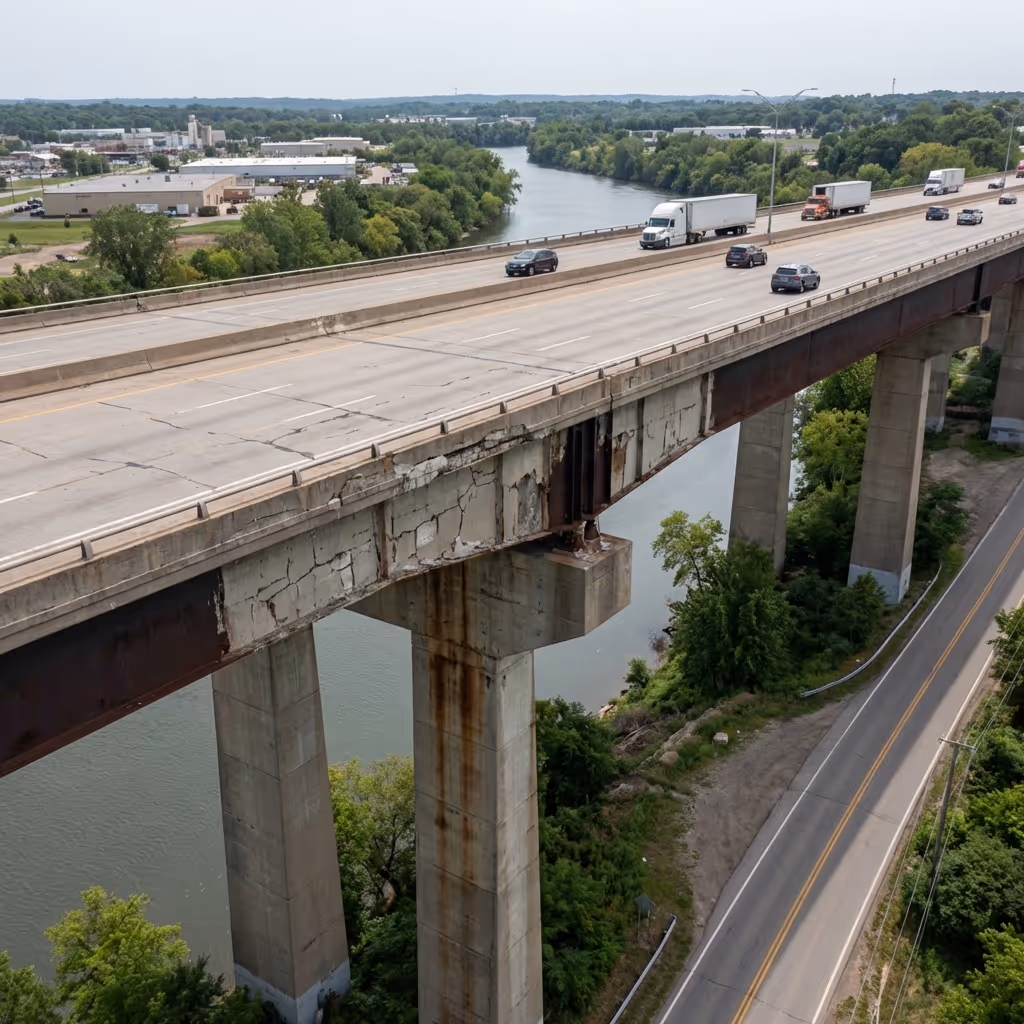 Aerial view of a long bridge spanning a river with traffic crossing the structure