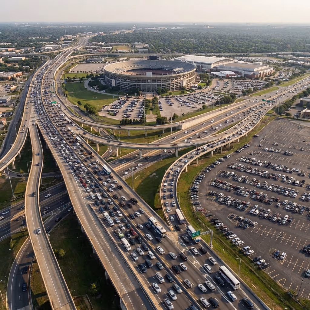 Aerial view of stadium parking and event traffic congestion on adjacent highways