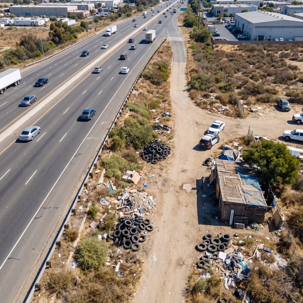 Aerial view of a highway corridor with dumped debris and encroaching structures along the shoulder