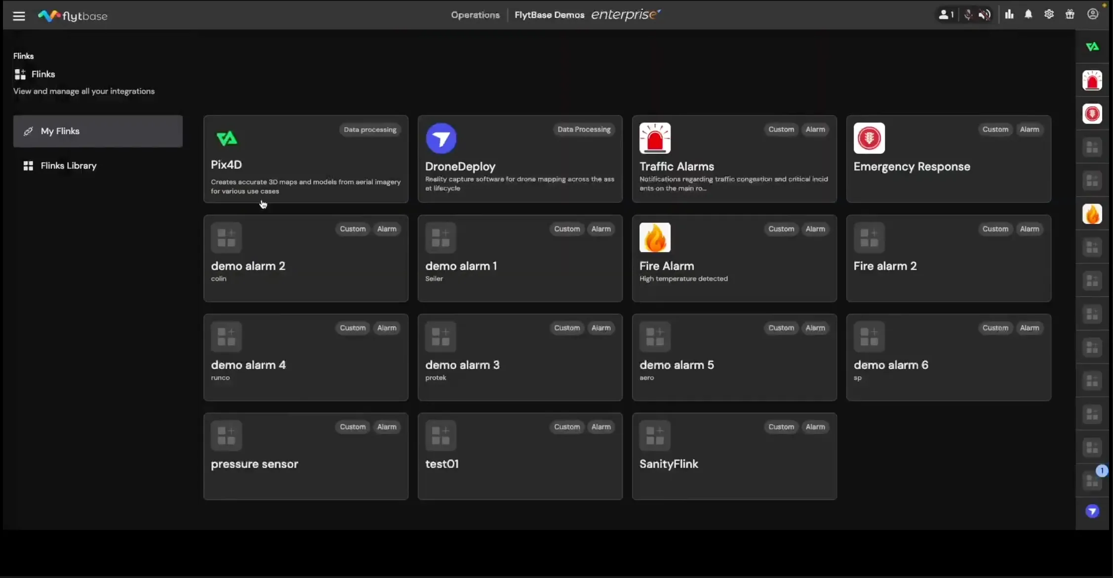 FlytBase Flinks dashboard with integrations including PIX4D, DroneDeploy, and various alarm systems