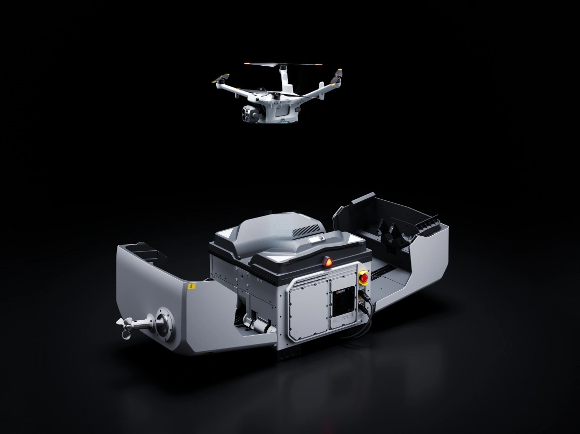 DJI Dock 4 with its cover open as the Matrice 5TD drone lands