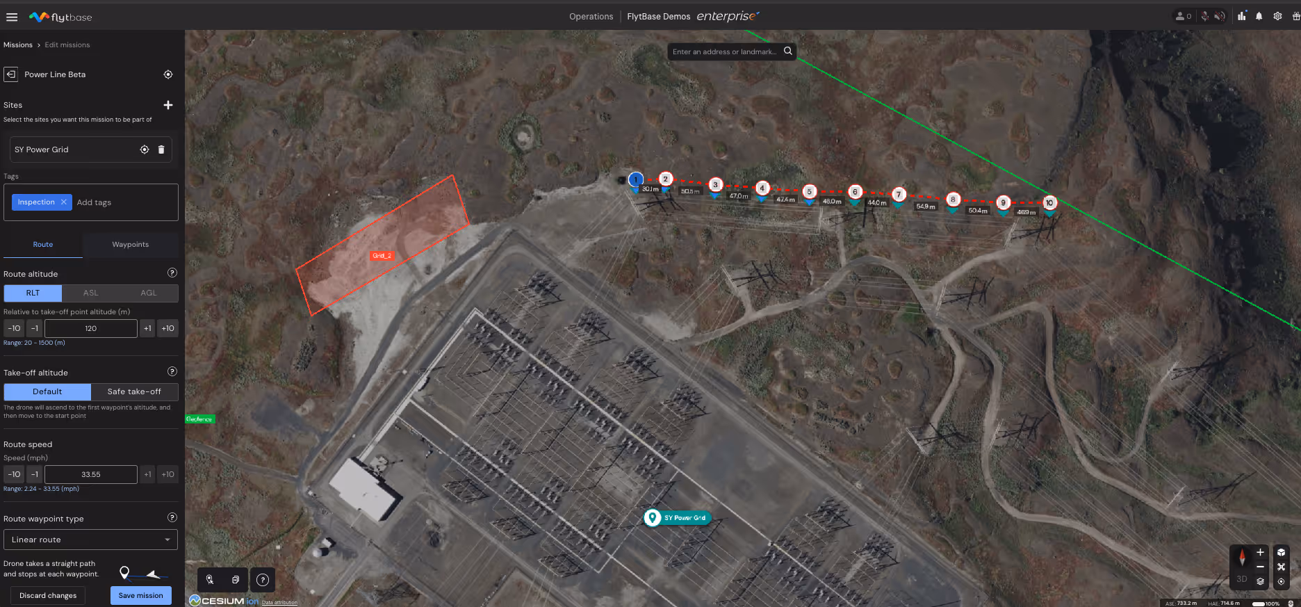 Aerial map of a power-grid substation with a drone inspection route and numbered waypoints