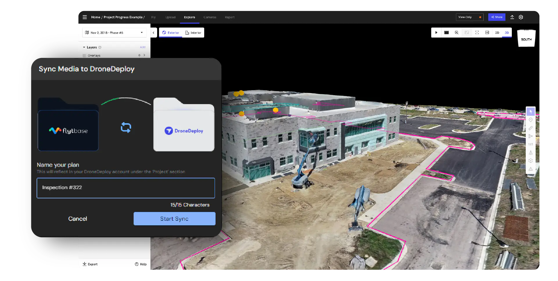 3D aerial view of a construction site with FlytBase × DroneDeploy sync dialog