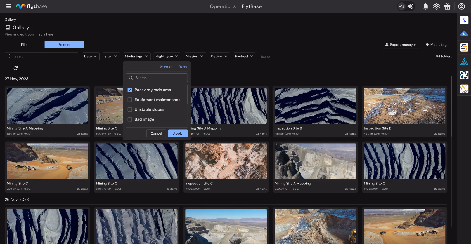 FlytBase Gallery with aerial images of mining sites and inspection areas