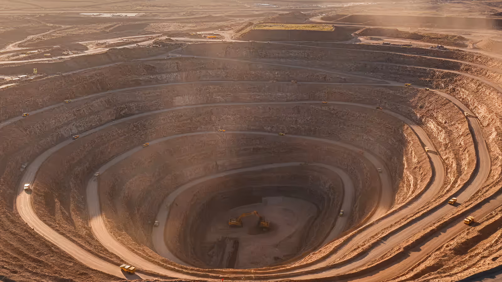 Aerial view of an open-pit mine with haul roads