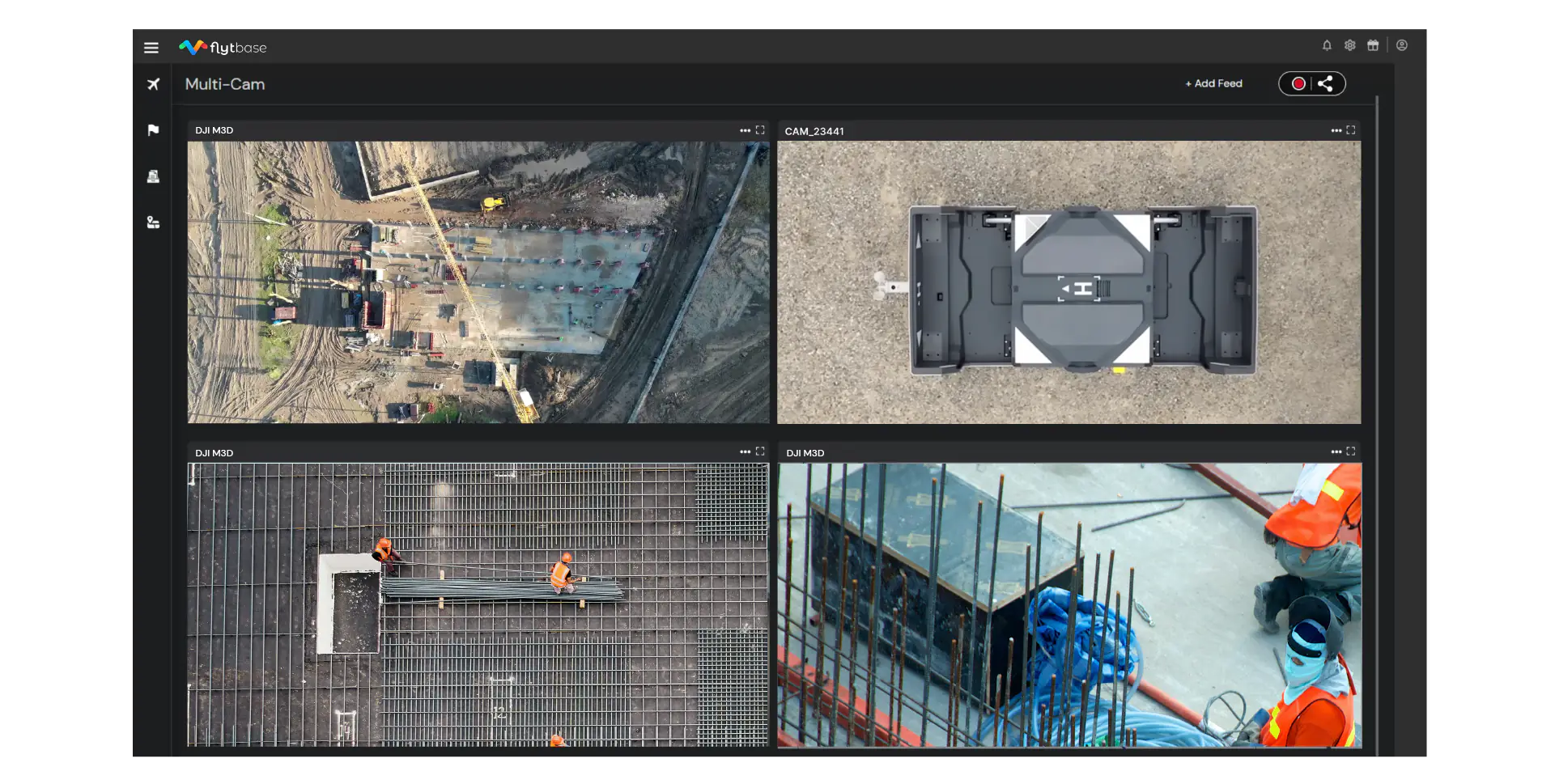 Interface multicaméra FlytBase permettant de suivre l'avancement des travaux sur un chantier, les ouvriers et la zone d'atterrissage.