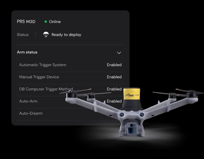 Drone with parachute recovery system showing PRS M3D online status