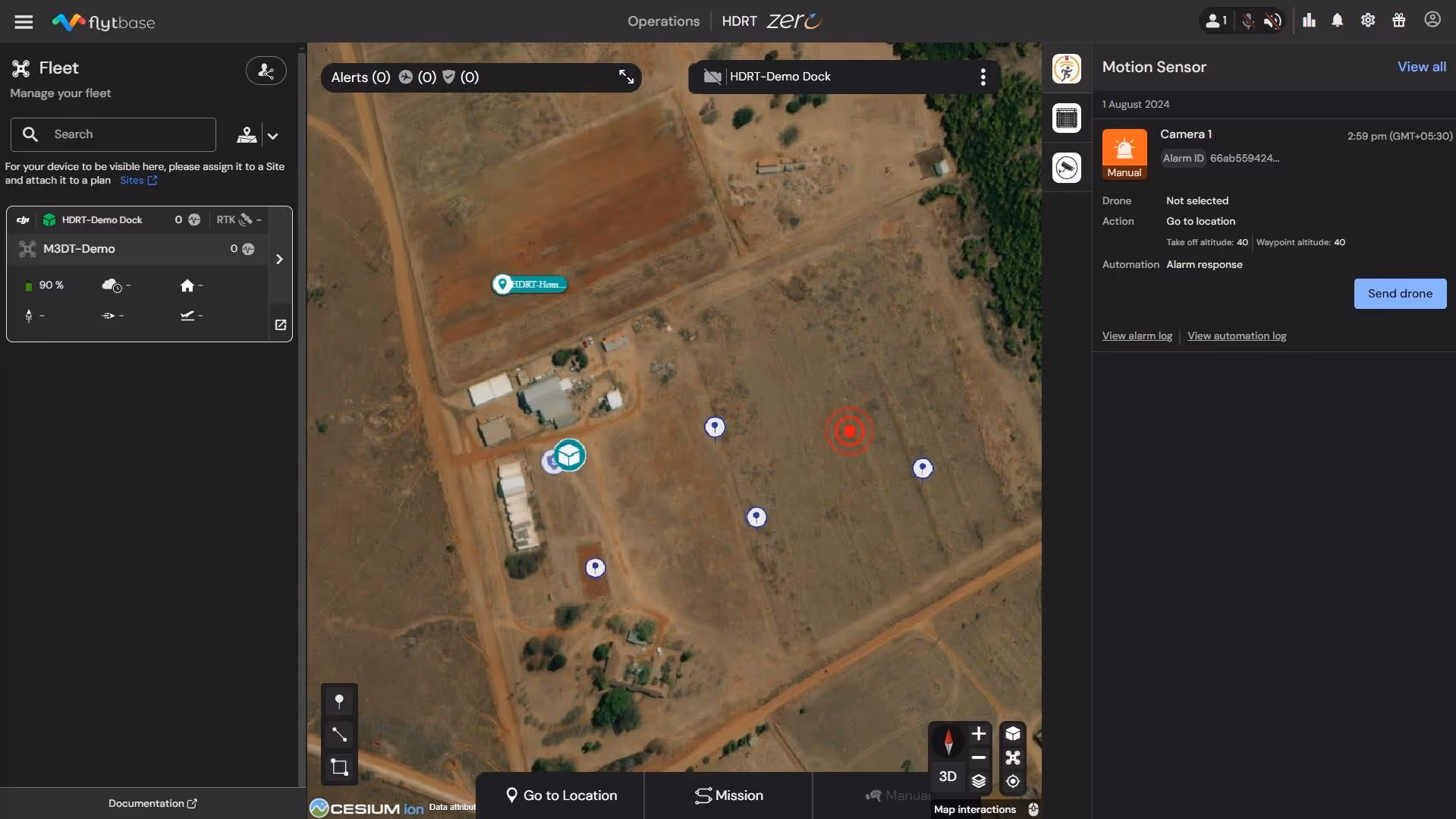 Drone fleet management interface with motion-sensor alarm triggered on Camera 1