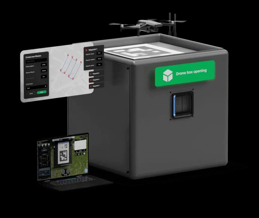 Drone landing on a DiaB docking station with the FlytBase mission planner alongside