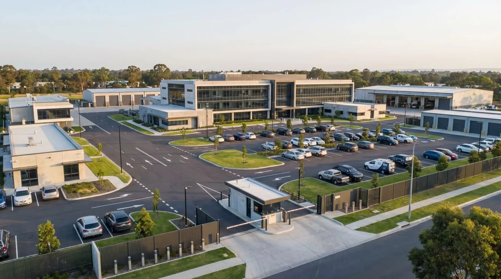 Aerial view of a gated corporate campus and parking lot