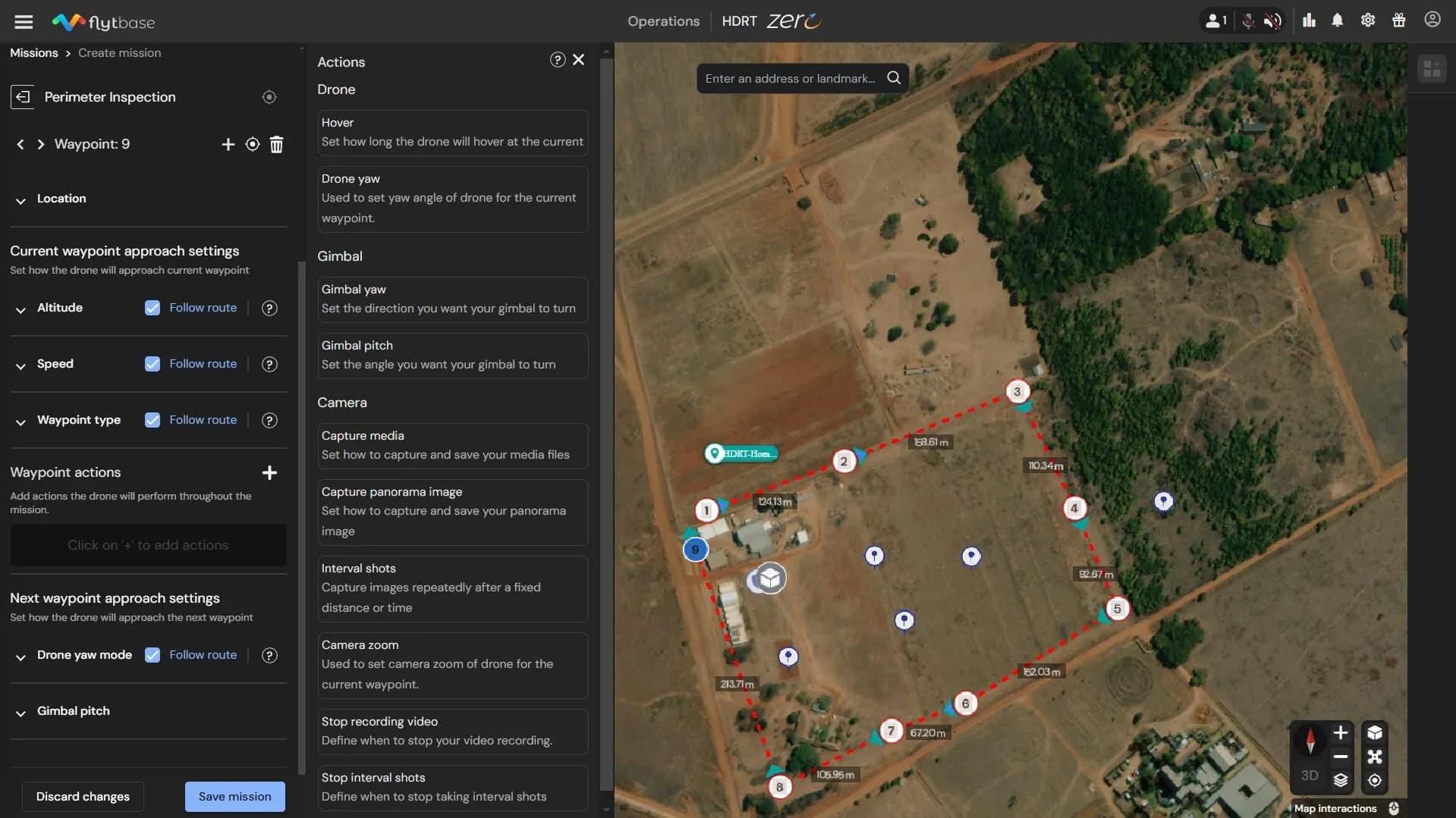 Drone mission planning interface showing a perimeter inspection route with nine waypoints