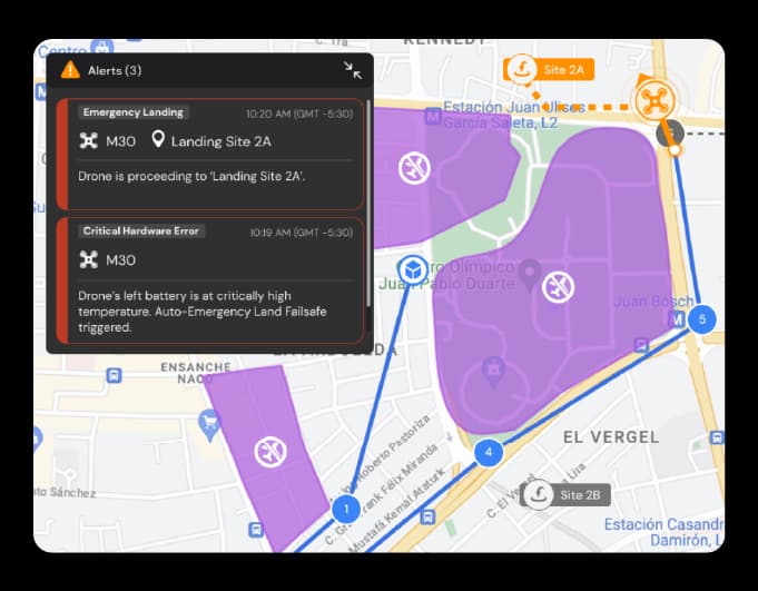 Carte montrant la trajectoire de vol d'un drone avec une alerte d'atterrissage d'urgence sur le site 2A
