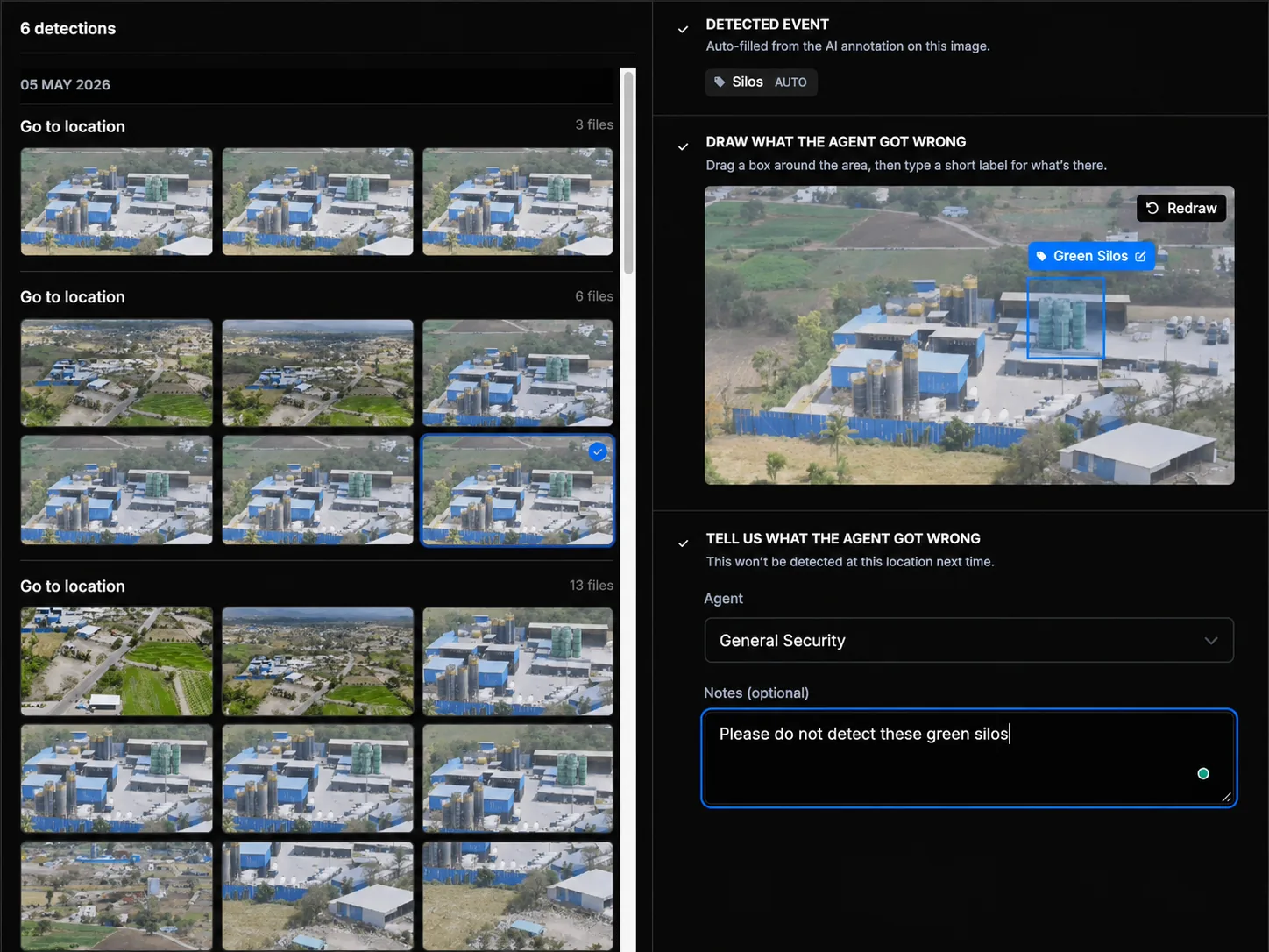 Operator console showing the Site Pointers correction workflow: the left pane lists detections from a 05 May 2026 mission as a grid of drone-captured site stills, the right pane walks the operator through three steps — Detected Event (auto-filled label "Silos"), Draw What The Agent Got Wrong (an operator-drawn bounding box around the silos with the correction "Green Silos"), and Tell Us What The Agent Got Wrong (Agent: General Security, with a note reading "Please do not detect these green silos").