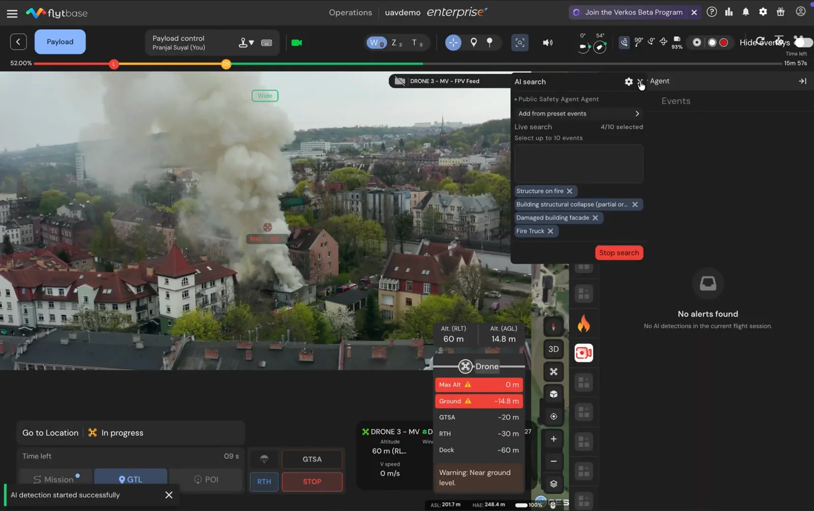 Cockpit with the AI search panel open: Public Safety agent selected, four detection events (Structure on fire, Building structural collapse, Damaged building facade, Fire Truck) ticked ready for the mission.