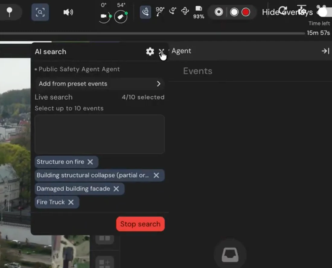 Live Search interface: operator types "Damaged mounting structure" into the in-flight search; the agent confirms it's monitoring; a detection lands within the next sample interval.
