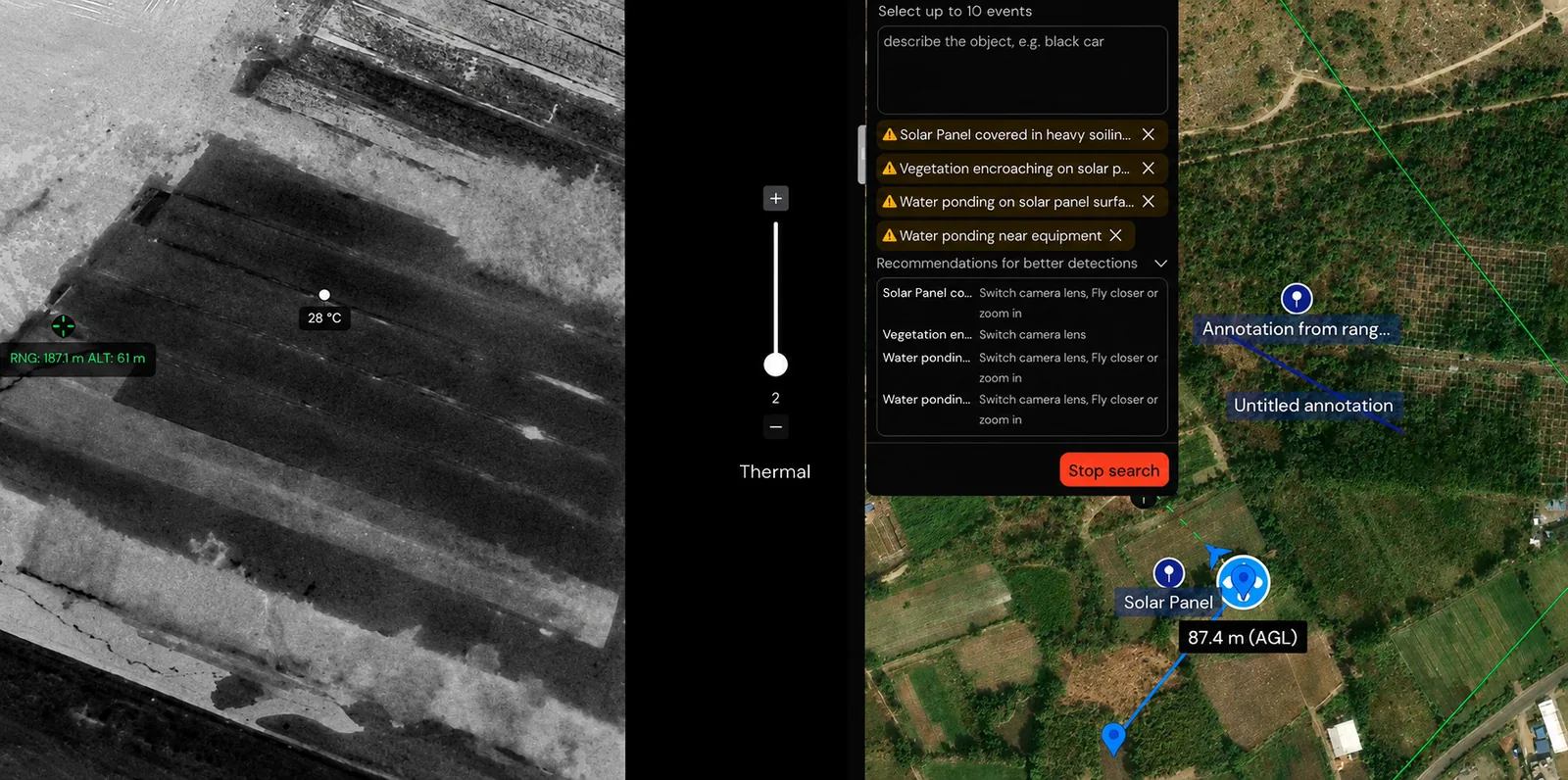 The operator console renders a thermal view of a solar field on the left and a satellite map with annotations on the right. An AI Search panel lists four detection events: solar panel covered in heavy soiling, vegetation encroaching on solar panel, water ponding on solar panel surface, and water ponding near equipment. A Recommendations for better detections panel suggests switching the camera lens, flying closer, or zooming in for each event before the mission runs.