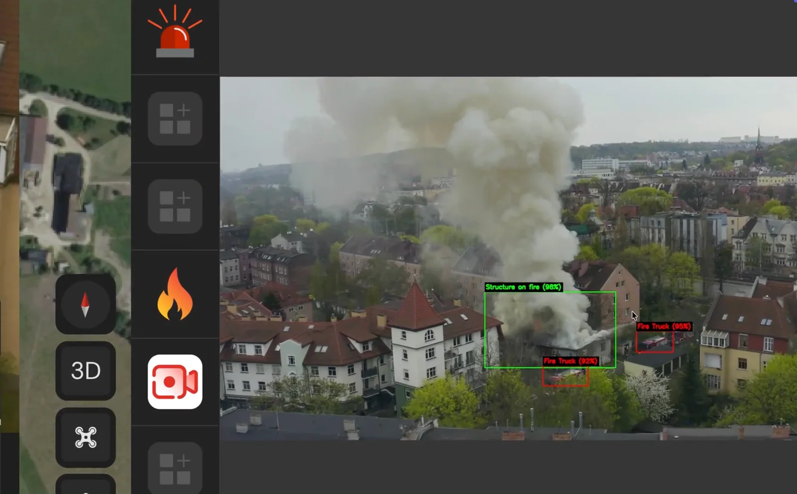 Live drone feed from the mission: the agent draws bounding boxes in real time, Structure on fire 98%, Fire Truck 95%, Fire Truck 92%.