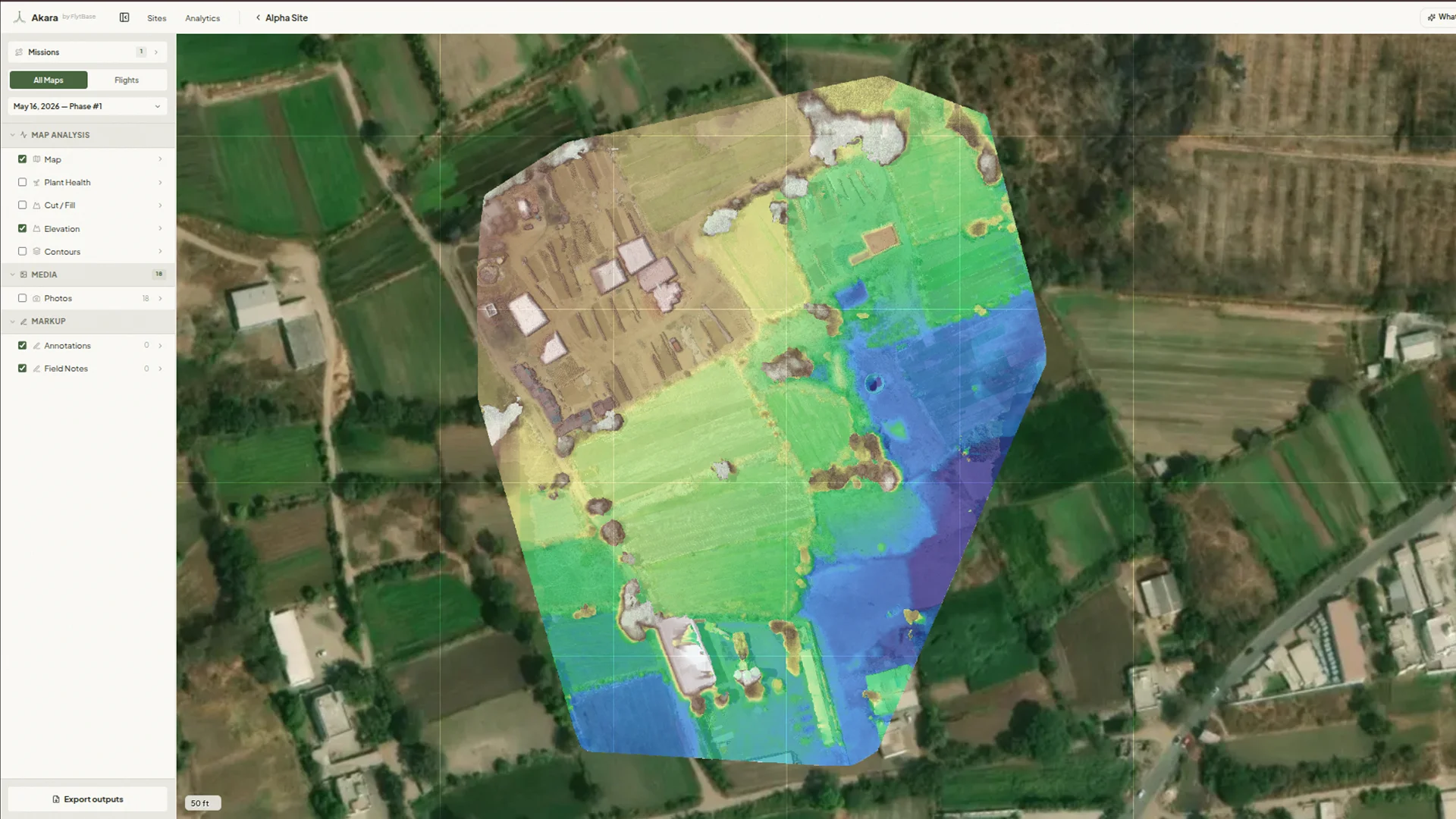 Akara elevation map overlay rendered on the satellite view of a site